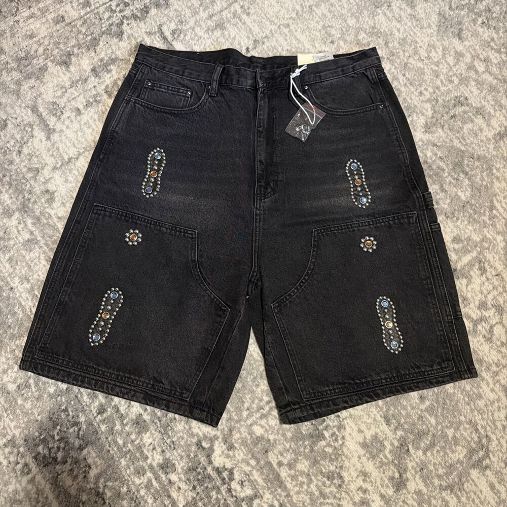 MNML Jewel Shorts Mens Size 36 Denim Double Knee Western Wear Vtg Washed Denim